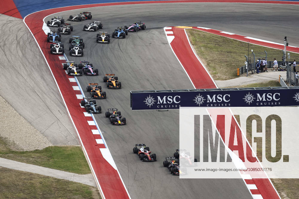 F1 - UNITED STATES GRAND PRIX 2026 start of the race, depart, 03 VERSTAPPEN Max (nld), Red Bull Racing Ford RB22, action 16 LECLERC Charles (mco), Scuderia Ferrari SF-26, action 44 HAMILTON Lewis (gbr), Scuderia Ferrari SF-26, action 06 HADJAR Isack (fra), Red Bull Racing Ford RB22, action 63 RUSSELL George (gbr), Mercedes AMG F1 Team W17, action during the 2026 Formula 1 United States Grand Prix, 18th round of the 2026 Formula One World Championship, WM, Weltmeisterschaft from October 23 to 25, 2026 on the Circuit of the America, in Austin, Texas, United States of America - AustinUnited States