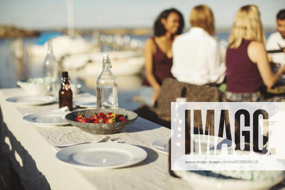 Fruits with plates and bottles on table against friends at harbor during sunny day , model released