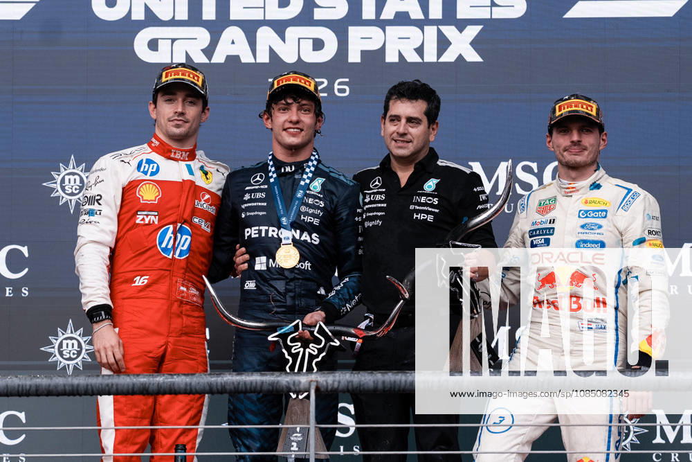 AUSTIN, UNITED STATES, OCT 25: Charles Leclerc (16) of Monaco and Scuderia Ferrari HP, Andrea Kimi Antonelli (12) of Italy and Mercedes-AMG PETRONAS Formula One Team, Mercedes Chief of Aerodynamic Technology Pierluigi Orsi (2R) and Max Verstappen (3) of the Netherlands and Oracle Red Bull Racing stand on the podium after during the F1 Grand Prix of United States at Circuit of The Americas on October 25, 2026 in Austin, Texas (photo by Richard Callis SPP)