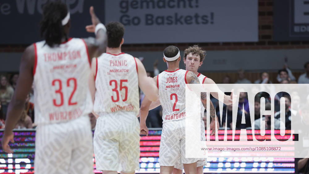 Pictured: Celebrating, from left: Charles Thompson (Wuerzburg Baskets, 32), Alen Pjanic (Wuerzburg Baskets, 35), Max Jones (Wuerzburg Baskets, 2), and Calvin Wishart (Wuerzburg Baskets, 10) on October 26, 2026,Fitness First Würzburg Baskets vs. NINERS Chemnitz, easyCredit BBL, Matchday 6, Germany, 97072, tectake Arena Würzburg,