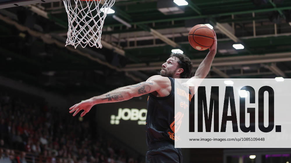 Pictured: Ben Burnham of the NINERS Chemnitz, age 25, making a dunk on October 26, 2026,Fitness First Würzburg Baskets vs. NINERS Chemnitz, easyCredit BBL, Matchday 6, Germany, 97072, tectake Arena Würzburg,