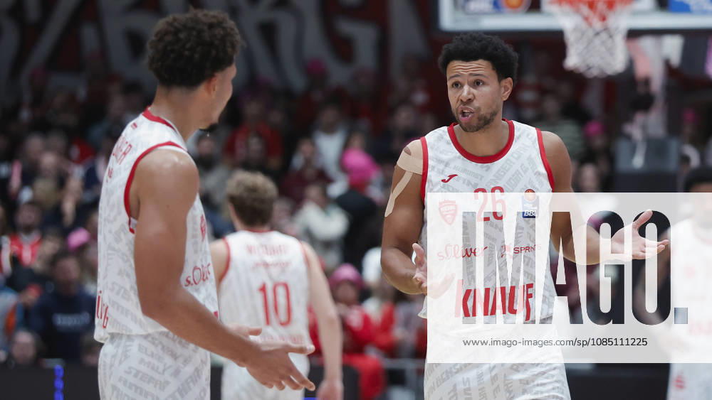Pictured from left: Brandon Tischler of the Würzburg Baskets, No. 8, and Marvin Ogunsipe of the Würzburg Baskets, No. 26, are talking, October 26, 2026,Fitness First Würzburg Baskets vs. NINERS Chemnitz, easyCredit BBL, Matchday 6, Germany, 97072, tectake Arena Würzburg,