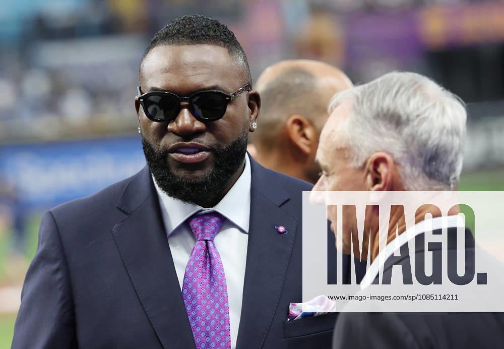 Dominican-American former professional baseball player David Ortiz, nicknamed Big Papi (L), talks with MLB, Baseball Herren, USA Commissioner Rob Manfred before the presentation of the 2026 Roberto Clemente Award to New York Met Francisco Lindor before the start of game three of the 2026 MLB World Series between the Milwaukee Brewers and the Tampa Bay Rays at Tropicana Field in St Petersburg, Florida, on Monday, October 26, 2026. TPB20261026704 AARONxJOSEFCZYK