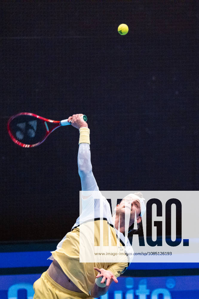 BASEL, SWITZERLAND, OCTOBER 27: Zizou Bergs of Belgium serves the ball against Hubert Hurkacz of Poland during Day 4 of the Swiss Indoors Basel at St. Jakobshalle on October 27, 2026, in Basel, Switzerland