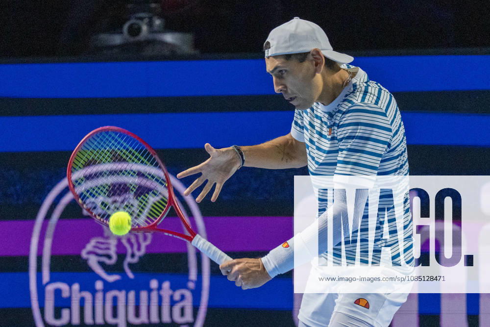 BASEL, SWITZERLAND, OCTOBER 27 — Alejandro Tabilo of Chile hits a backhand against Rafael Jodar of Spain during Day 4 of the Swiss Indoors Basel at St. Jakobshalle on October 27, 2026, in Basel, Switzerland