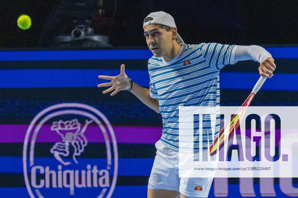 BASEL, SWITZERLAND, OCTOBER 27 — Alejandro Tabilo of Chile hits a backhand against Rafael Jodar of Spain during Day 4 of the Swiss Indoors Basel at St. Jakobshalle on October 27, 2026, in Basel, Switzerland