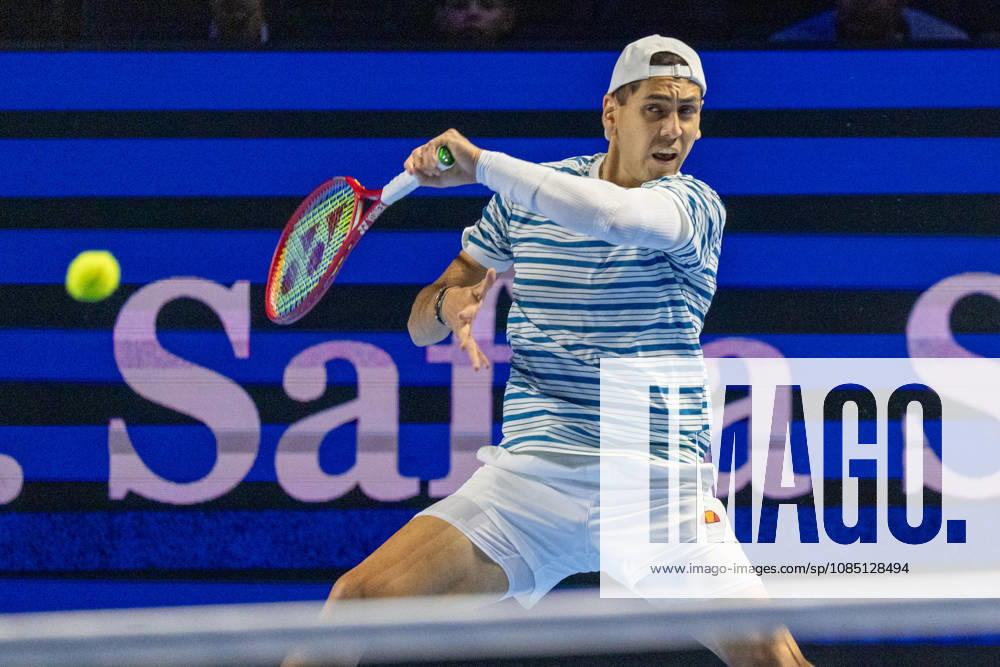 BASEL, SWITZERLAND, OCTOBER 27 — Alejandro Tabilo of Chile hits a forehand against Rafael Jodar of Spain during Day 4 of the Swiss Indoors Basel at St. Jakobshalle on October 27, 2026, in Basel, Switzerland
