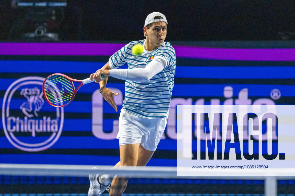 BASEL, SWITZERLAND, OCTOBER 27 — Alejandro Tabilo of Chile hits a forehand against Rafael Jodar of Spain during Day 4 of the Swiss Indoors Basel at St. Jakobshalle on October 27, 2026, in Basel, Switzerland