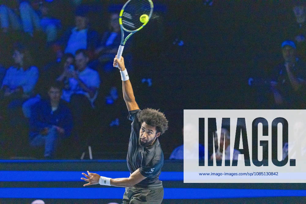 BASEL, SWITZERLAND, OCTOBER 27 — Arthur Fils of France serves the ball against Giovanni Mpetshi Perricard of France during Day 4 of the Swiss Indoors Basel at St. Jakobshalle on October 27, 2026, in Basel, Switzerland