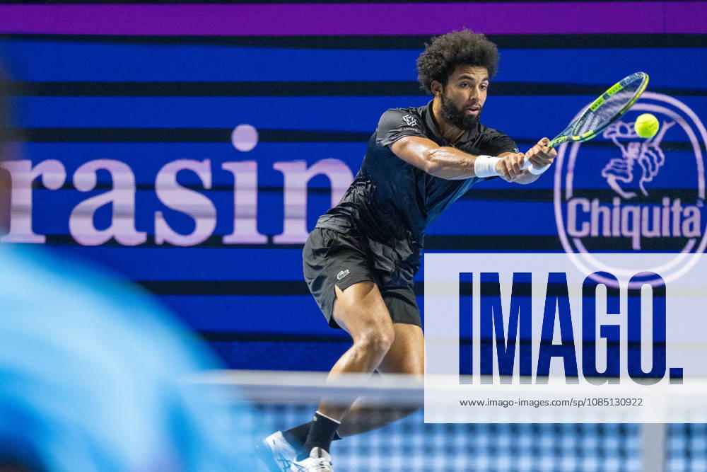 BASEL, SWITZERLAND, OCTOBER 27 Arthur Fils of France hits a backhand against Giovanni Mpetshi Perricard of France during Day 4 of the Swiss Indoors Basel at St. Jakobshalle on October 27, 2026, in Basel, Switzerland
