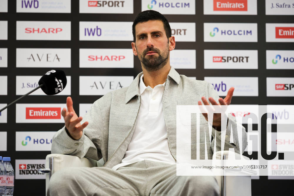 27th October 2026; St. Jakobshalle, Basel, Switzerland; ATP, Tennis Herren Tennis, Swiss Indoors Basel, Day 4; Novak Djokovic of Serbia speaks at a press conference, PK, Pressekonferenz ahead of the Swiss Indoors Basel AnthonyxBenoit