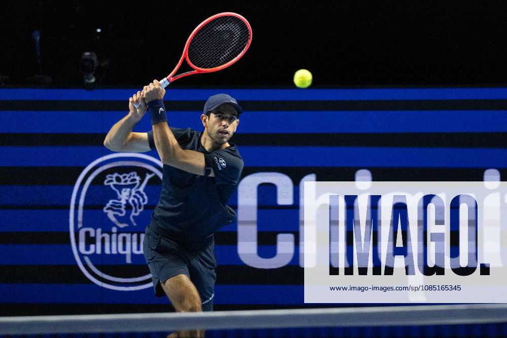 BASEL, SWITZERLAND, OCTOBER 28 — Nuno Borges of Portugal hits a backhand against Casper Ruud of Norway during Day 5 of the Swiss Indoors Basel at St. Jakobshalle on October 28, 2026, in Basel, Switzerland
