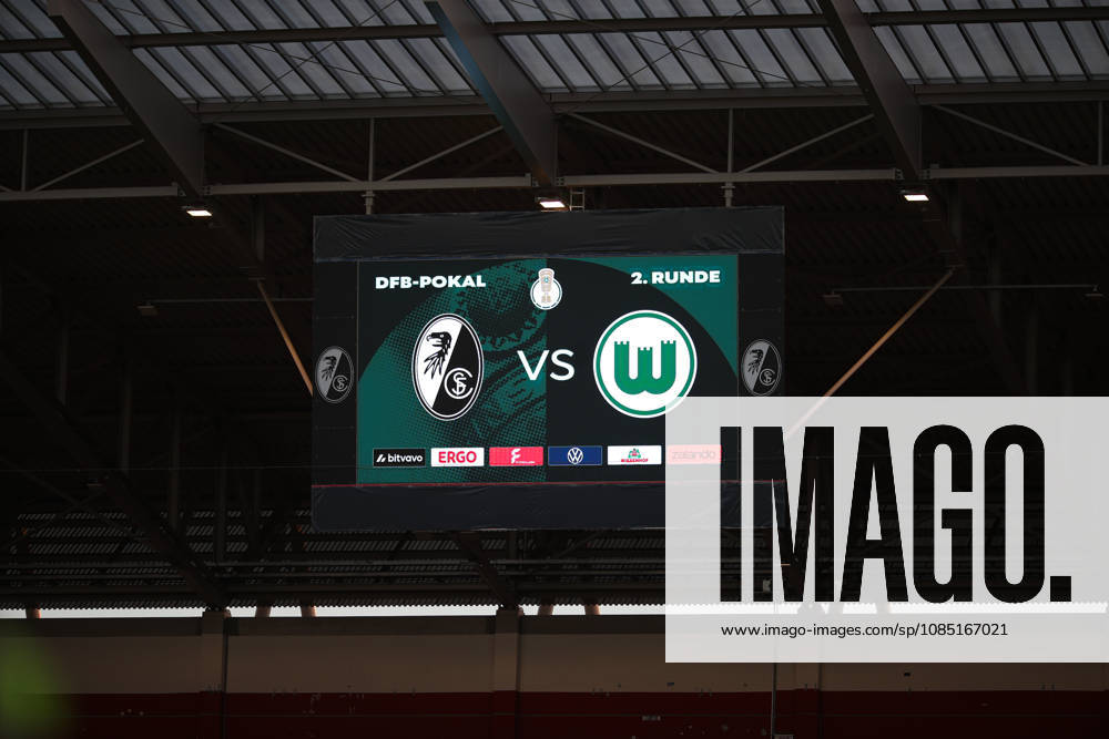 GER, Soccer, DFB Cup, 2nd Round, 2026–2027 Season, October 28, 2026, SC Freiburg vs. VfL Wolfsburg Scoreboard at SC Freiburg’s Europa-Park Stadium, Baden-Württemberg, Germany. DFL regulations prohibit any use of photographs as image sequences and or quasi-video.