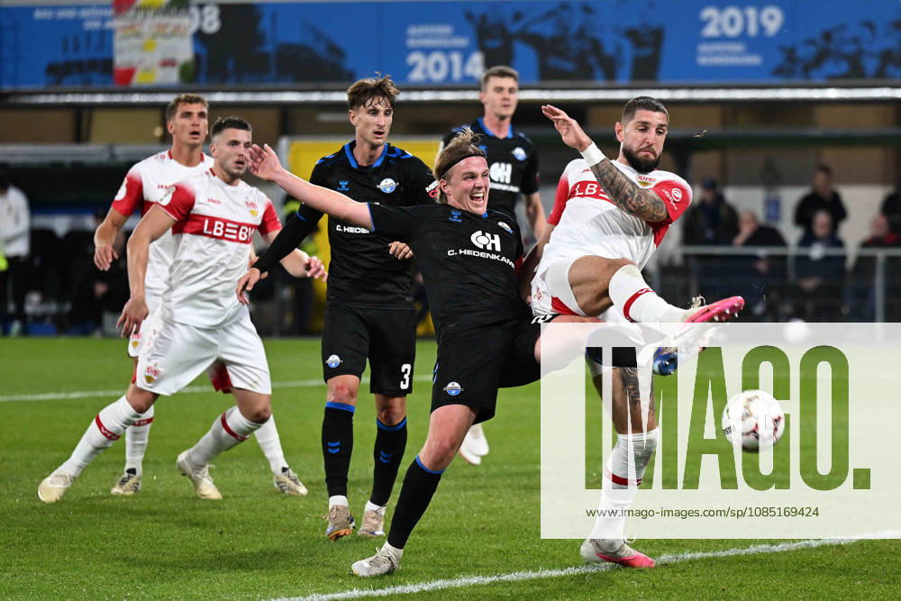 Paderborn, Home Deluxe Arena, October 28, 2026, GER, Men s, DFB Cup, 2nd Round, 2026–2027 Season, SC Paderborn vs. VfB Stuttgart. Photo, from left, showing Felix GOETZE (Paderborn) and Julian CHABOT (Stuttgart) in a tackle. For editorial use only. DFB regulations prohibit any use of photographs as image sequences and or quasi-video. North Rhine-Westphalia, Germany