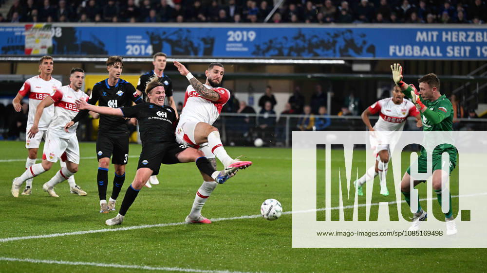 Paderborn, Home Deluxe Arena, October 28, 2026, GER, Men s, DFB Cup, 2nd Round, 2026–2027 Season, SC Paderborn vs. VfB Stuttgart. Photo, from left, showing Felix GOETZE (Paderborn) and Julian CHABOT (Stuttgart) in a tackle. For editorial use only. DFB regulations prohibit any use of photographs as image sequences and or quasi-video. North Rhine-Westphalia, Germany