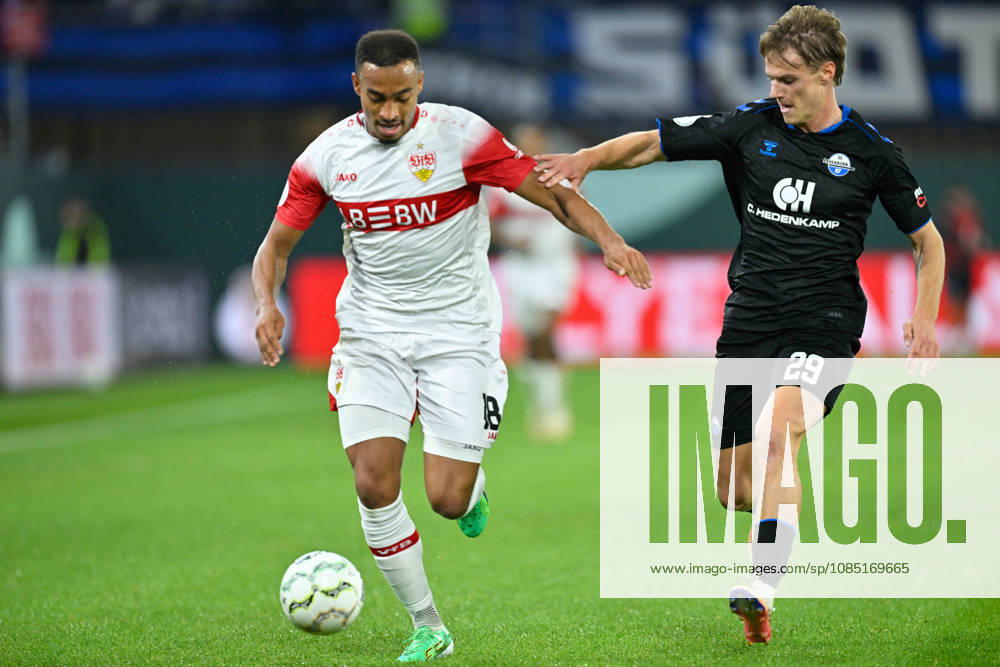 Paderborn, Home Deluxe Arena, October 28, 2026, GER, Men s, DFB Cup, 2nd Round, 2026–2027 Season, SC Paderborn vs. VfB Stuttgart. Photo, from left: Jamie LEWELING (Stuttgart) and Clemens LIPPMANN (Paderborn) in a tackle. For editorial use only. DFB regulations prohibit any use of photographs as image sequences and or quasi-video. North Rhine-Westphalia, Germany