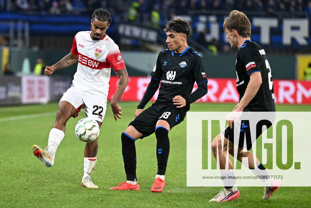 Paderborn, Home Deluxe Arena, October 28, 2026, GER, Men s, DFB Cup, 2nd Round, 2026–2027 Season, SC Paderborn vs. VfB Stuttgart; photo from left: Lorenz ASSIGNON (Stuttgart) in a tackle, Deniz ZEITLER (Paderborn) and Ruben MUELLER (Paderborn). For editorial use only. DFB regulations prohibit any use of photographs as image sequences and or quasi-video. North Rhine-Westphalia, Germany