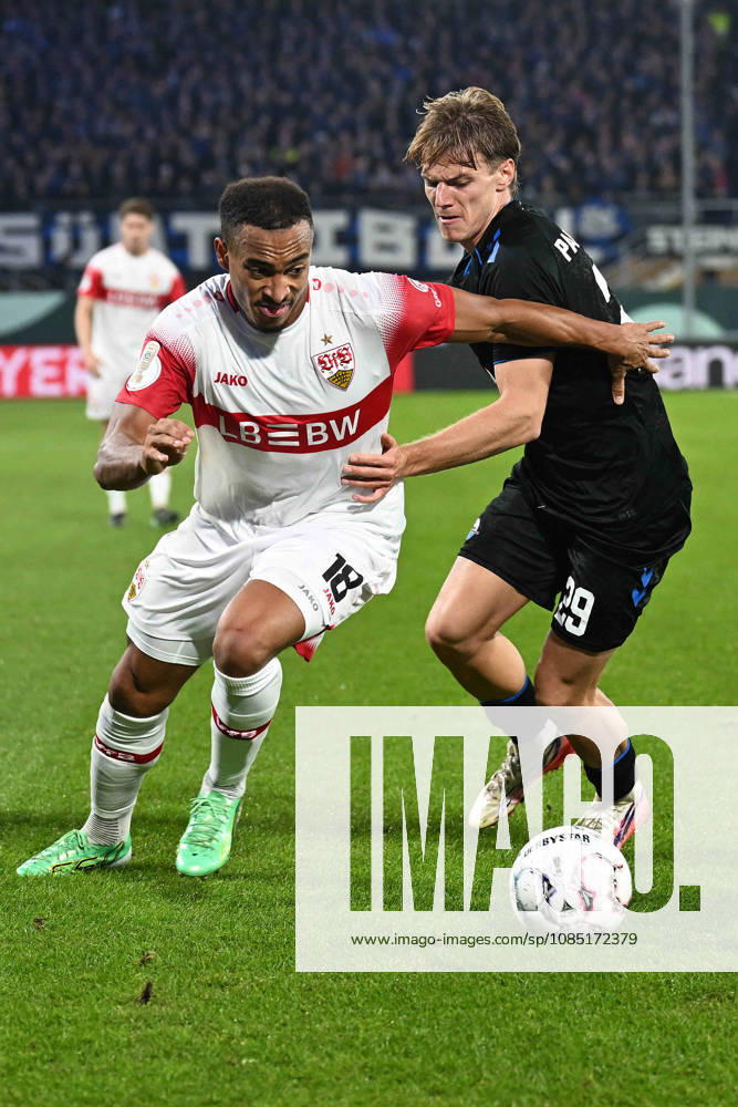 Paderborn, Home Deluxe Arena, October 28, 2026, GER, Men s, DFB Cup, 2nd Round, 2026–2027 Season, SC Paderborn vs. VfB Stuttgart. Photo, from left: Jamie LEWELING (Stuttgart) and Clemens LIPPMANN (Paderborn) in a tackle. For editorial use only. DFB regulations prohibit any use of photographs as image sequences and or quasi-video. North Rhine-Westphalia, Germany