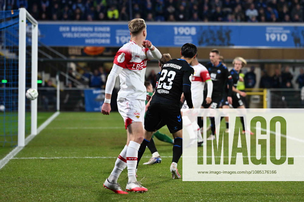 Paderborn, Home Deluxe Arena, October 28, 2026, GER, Men s, DFB Cup, 2nd Round, 2026–2027 Season, SC Paderborn vs. VfB Stuttgart. Photo by Deniz UNDAV. Stuttgart scores the goal to make it 0–1. For editorial use only. DFB regulations prohibit any use of photographs as image sequences and or quasi-video. North Rhine-Westphalia, Germany