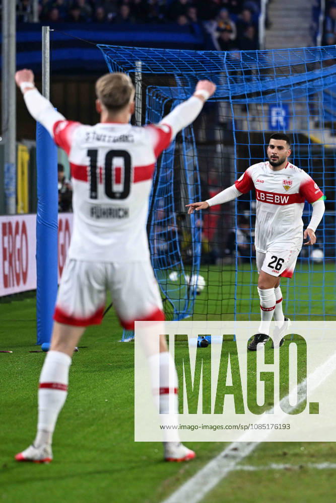Paderborn, Home Deluxe Arena, October 28, 2026, GER, Men s, DFB Cup, 2nd Round, 2026–2027 Season, SC Paderborn vs. VfB Stuttgart. Photo by Deniz UNDAV: Stuttgart celebrates after scoring the 0–1 goal with Chris FUEHRICH. Stuttgart. For editorial use only. DFB regulations prohibit any use of photographs as image sequences and or quasi-video. North Rhine-Westphalia, Germany