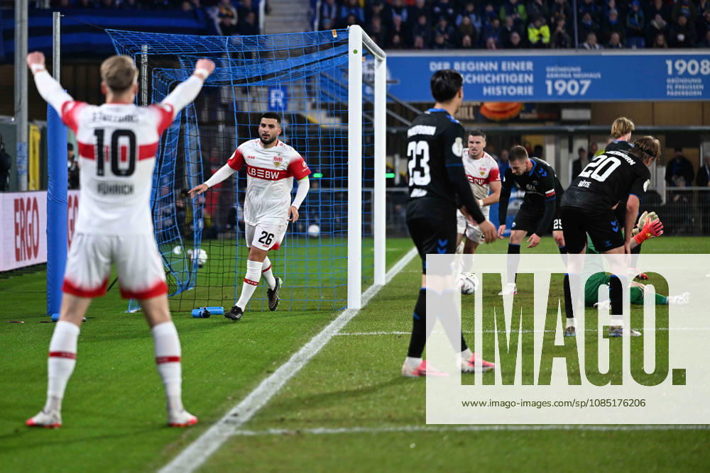 Paderborn, Home Deluxe Arena, October 28, 2026, GER, Men s, DFB Cup, 2nd Round, 2026–2027 Season, SC Paderborn vs. VfB Stuttgart. Photo by Deniz UNDAV: Stuttgart celebrates after scoring the 0–1 goal. For editorial use only. DFB regulations prohibit any use of photographs as image sequences and or quasi-video. North Rhine-Westphalia, Germany