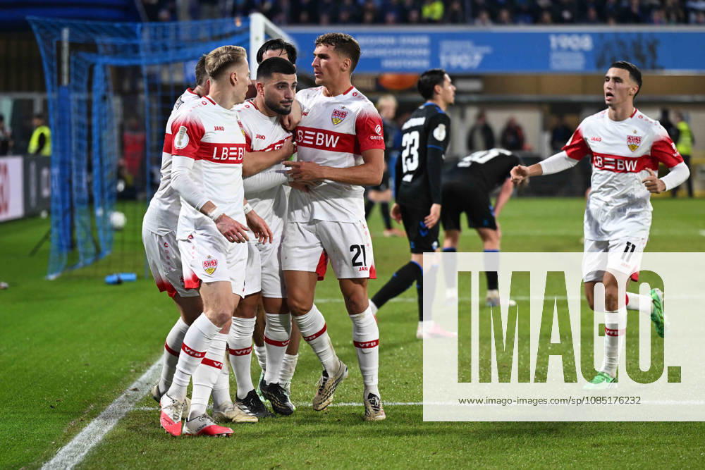 Paderborn, Home Deluxe Arena, October 28, 2026, GER, Men s, DFB Cup, 2nd Round, 2026–2027 Season, SC Paderborn vs. VfB Stuttgart. Photo by Deniz UNDAV: Stuttgart celebrates after scoring the 0–1 goal. For editorial use only. DFB regulations prohibit any use of photographs as image sequences and or quasi-video. North Rhine-Westphalia, Germany