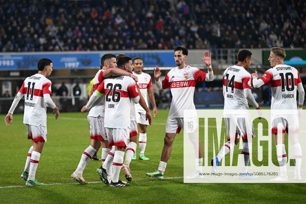 Paderborn, Home Deluxe Arena, October 28, 2026, GER, Men s, DFB Cup, 2nd Round, 2026–2027 Season, SC Paderborn vs. VfB Stuttgart. Photo by Deniz UNDAV: Stuttgart celebrates after scoring the 0–1 goal. For editorial use only. DFB regulations prohibit any use of photographs as image sequences and or quasi-video. North Rhine-Westphalia, Germany