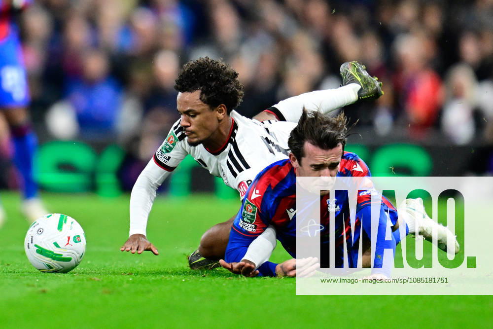 Fulham v Crystal Palace, EFL Cup Fulham midfielder Oscar Bobb (14) falls under pressure from Crystal Palace defender Ben Chilwell (33) during the EFL Cup match between Fulham and Crystal Palace at Craven Cottage, London, UK on 28 October 2026. London Craven Cottage Greater London UK Editorial use only DataCo restrictions apply See www.football-dataco.com ,