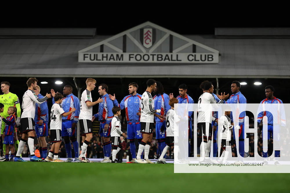 28th October 2026; Craven Cottage, London, England; Carabao Cup Football, Fulham versus Crystal Palace; Both sets of players shake hands before kick off JohnxPatrickxFletcher