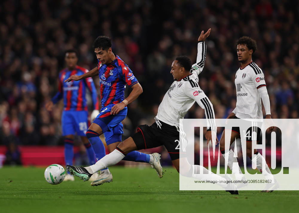28th October 2026; Craven Cottage, London, England; Carabao Cup Football, Fulham versus Crystal Palace; Kenny Tete of Fulham challenges Dario Osorio of Crystal Palace JohnxPatrickxFletcher