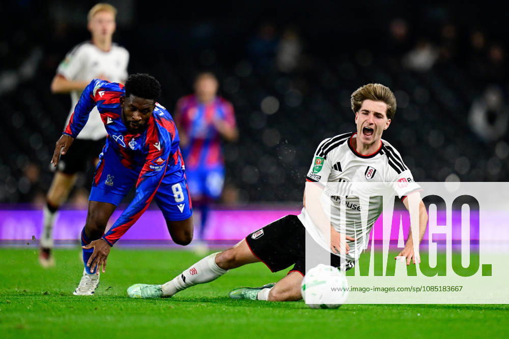 Fulham v Crystal Palace, EFL Cup Crystal Palace midfielder Jefferson Lerma (8) fouls Fulham forward Cesar Palacios (8) during the EFL Cup match between Fulham and Crystal Palace at Craven Cottage, London, UK on 28 October 2026. London Craven Cottage Greater London UK Editorial use only DataCo restrictions apply See www.football-dataco.com ,
