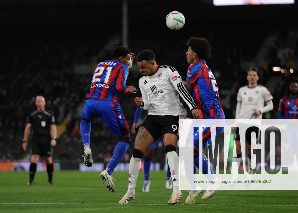 28th October 2026; Craven Cottage, London, England; Carabao Cup Football, Fulham versus Crystal Palace; Rodrigo Muniz of Fulham challenged by Honest Ahanor and Chris Richards of Crystal Palace JohnxPatrickxFletcher