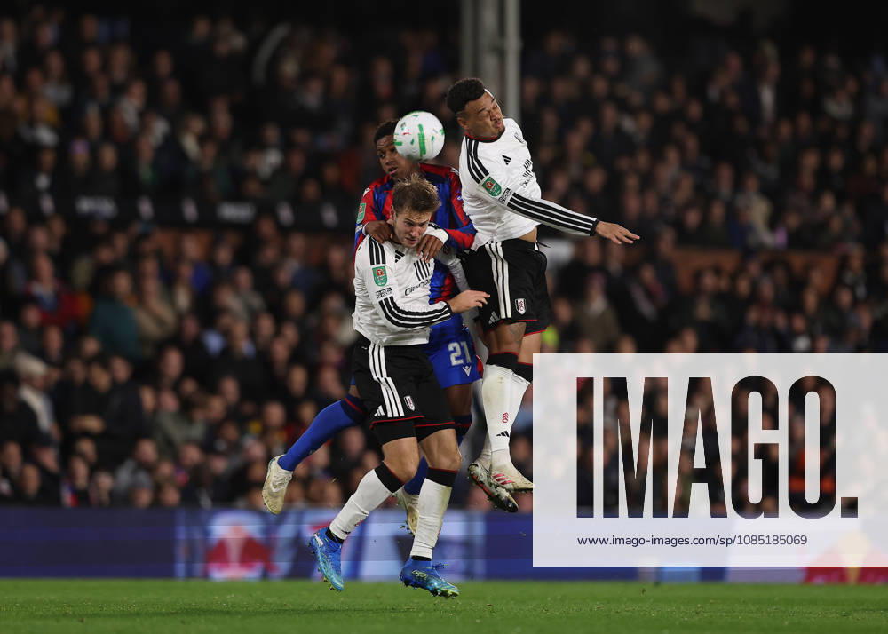 28th October 2026; Craven Cottage, London, England; Carabao Cup Football, Fulham versus Crystal Palace; Honest Ahanor of Crystal Palace under pressure from Sander Berge and Rodrigo Muniz of Fulham JohnxPatrickxFletcher