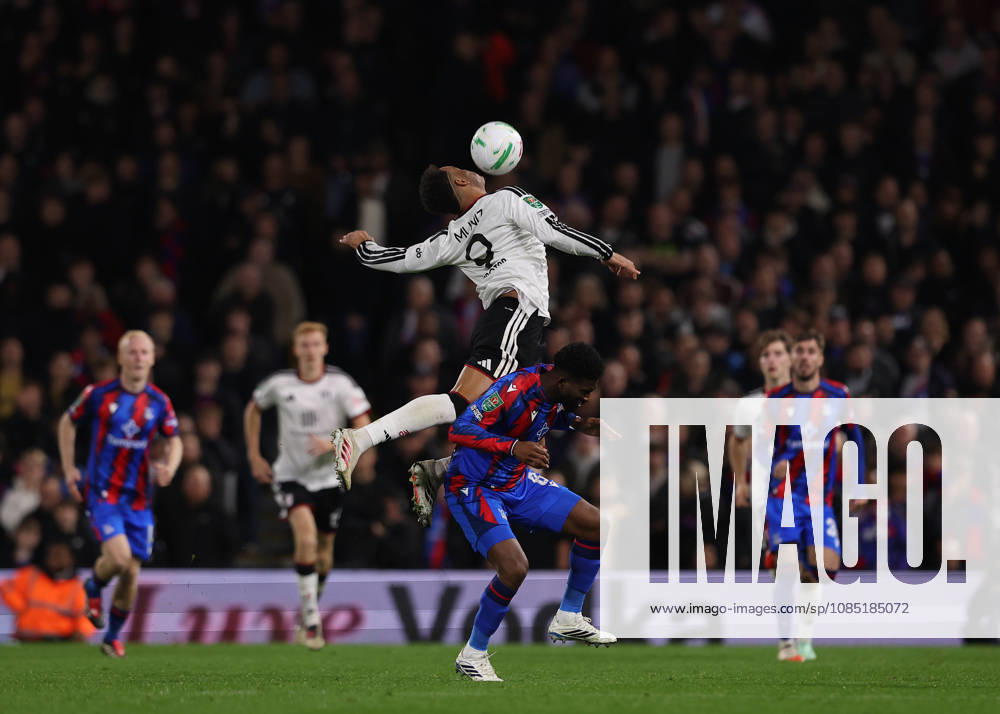 28th October 2026; Craven Cottage, London, England; Carabao Cup Football, Fulham versus Crystal Palace; Rodrigo Muniz of Fulham heads the ball over Jefferson Lerma of Crystal Palace JohnxPatrickxFletcher