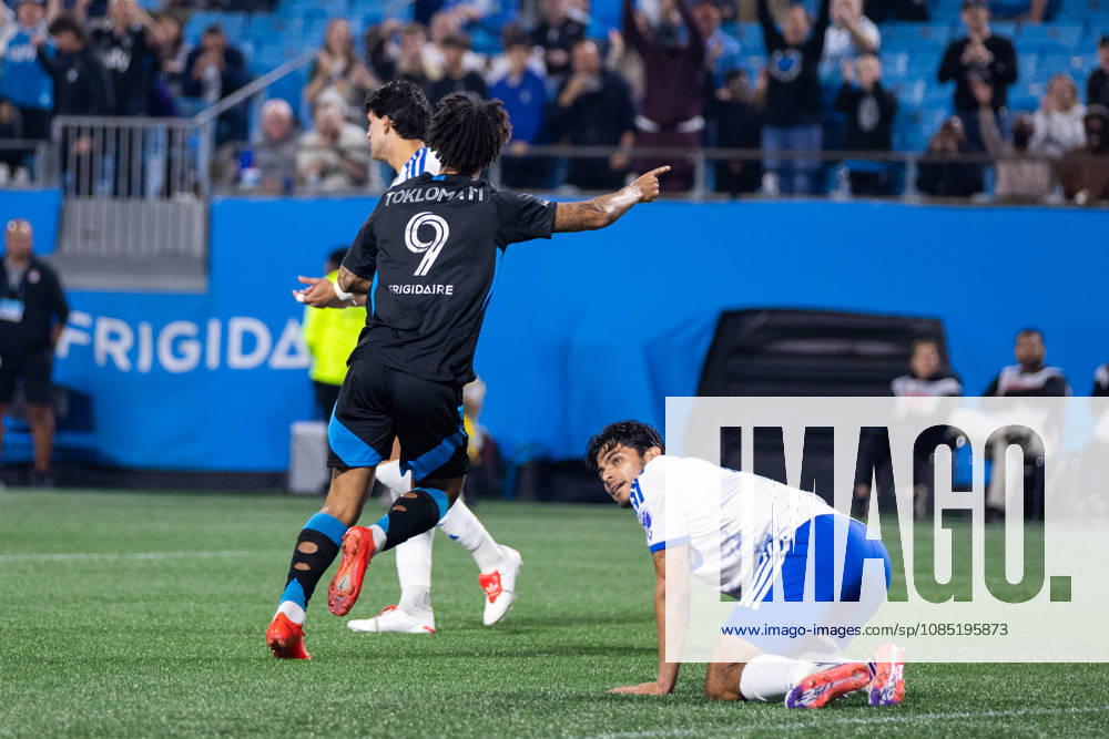 Charlotte FC forward Idan Toklomati (9) celebrates a goal against the CF Montreal during the first half of the MLS, Fussball Herren, USA match up at Bank of America Stadium in Charlotte, NC. Mandatory Credit: -Cal Media Charlotte United States - ZUMAc04_ 20261028_zma_c04_011
