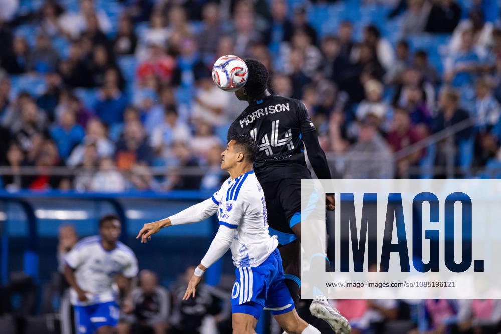 Charlotte FC defender Morrison Agyemang (44) heads the ball against CF Montreal forward Alexis Sanchez (10) during the second half of the MLS, Fussball Herren, USA match up at Bank of America Stadium in Charlotte, NC. Mandatory Credit: -Cal Media Charlotte United States - ZUMAc04_ 20261028_zma_c04_023