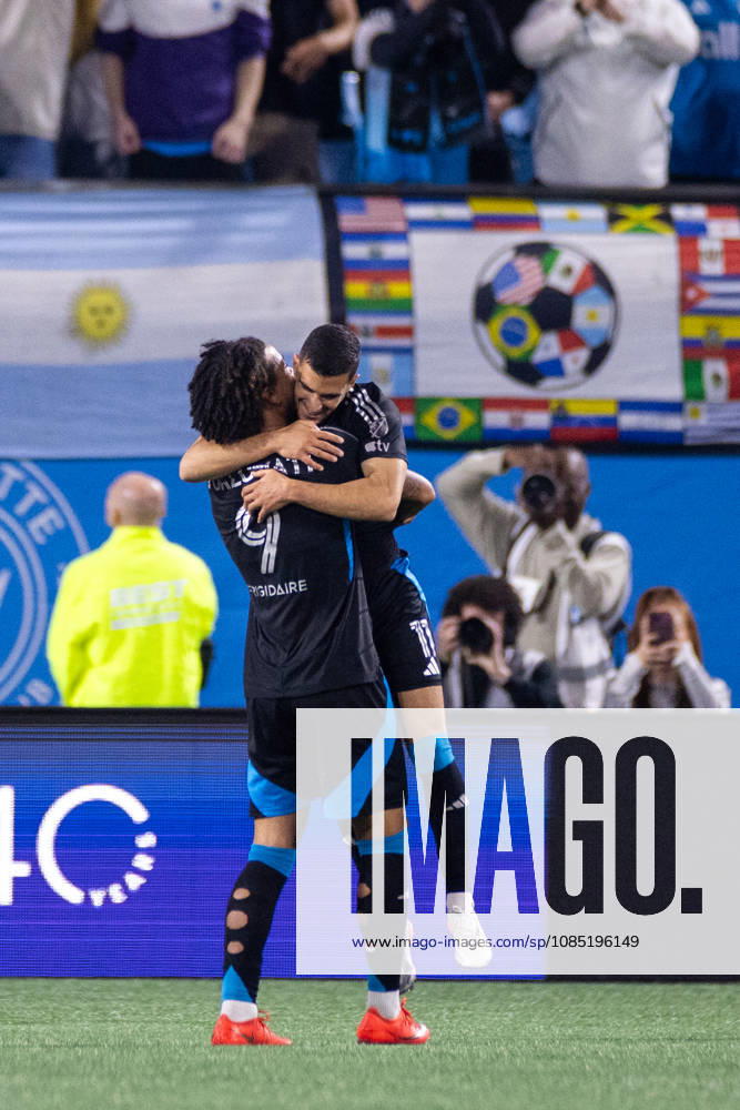 Charlotte FC forward Liel Abada (11) celebrates with forward Idan Toklomati (9) during the second half against the CF Montreal in the MLS, Fussball Herren, USA match up at Bank of America Stadium in Charlotte, NC. Mandatory Credit: -Cal Media Charlotte United States - ZUMAc04_ 20261028_zma_c04_025