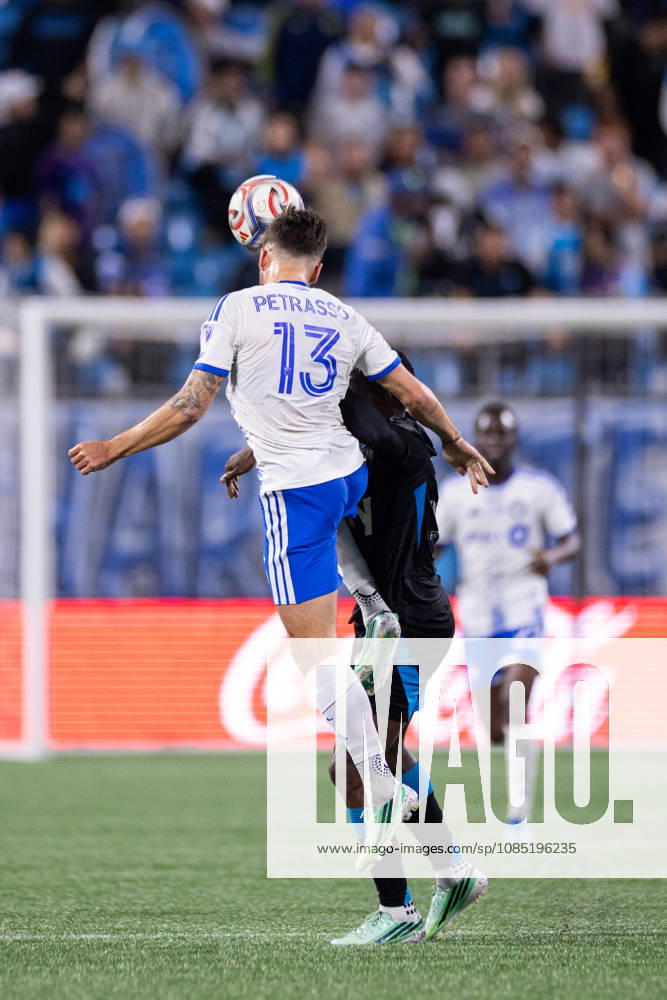 CF Montreal defender Luca Petrasso (13) heads the ball over Charlotte FC forward Rodolfo Aloko (37) during the first half of the MLS, Fussball Herren, USA match up at Bank of America Stadium in Charlotte, NC. Mandatory Credit: -Cal Media Charlotte United States - ZUMAc04_ 20261028_zma_c04_027