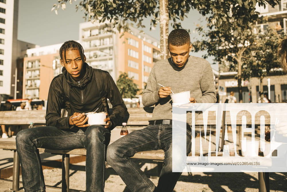 Portrait of serious teenage boy holding take out food while sitting by friend on bench in city during sunny day , model released