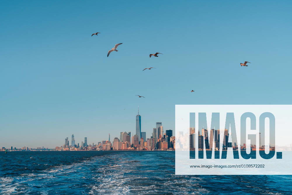 View from floating in water boat of Manhattan skyline with birds flying against blue cloudless sky, Model released