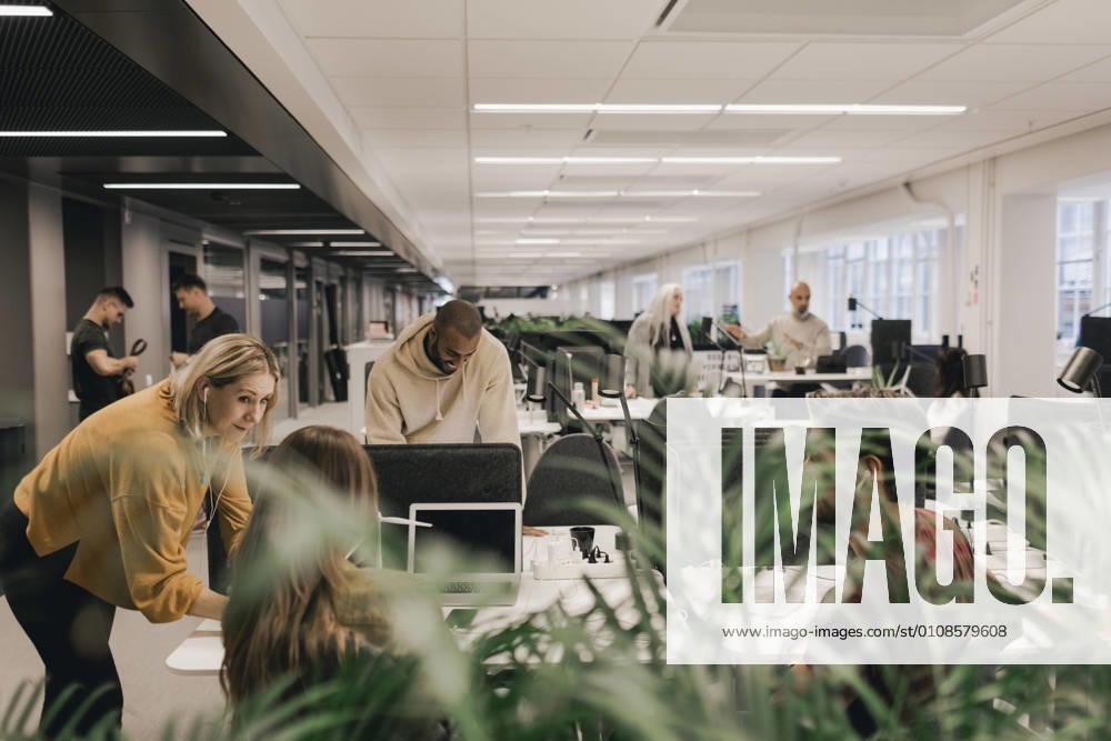 IMAGO Creative: Klimawandel - Grüne Erholung Multi ethnic professionals discussing while working at desk in open office space , model released, property released
