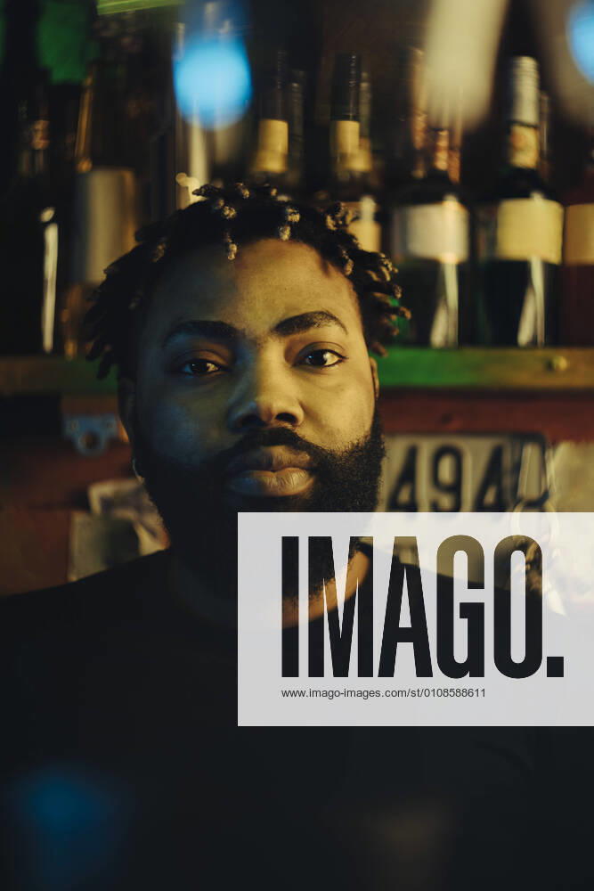 IMAGO Creative: Landleben - Essen Portrait of young bearded bartender with afro hairstyle at bar Sweden, Stockholm, model released, property released