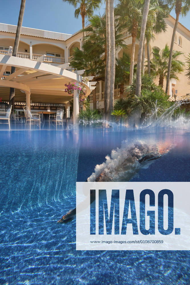IMAGO Creative, Jahreszeit Sommer, Sommerferien Underwater side view of anonymous tourist diving down into swimming pool with blue clear water during summer holidays in tropical resort, Model released, Property released