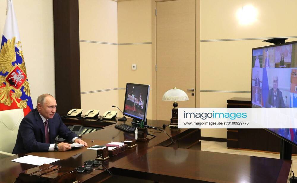 Russia, Moscow Region, Novo-Ogaryovo. - Russian President Vladimir Putin during an end-of-year meeting with members of the Russian Government via videoconference at the Novo-Ogaryovo residence. KremlinxPool