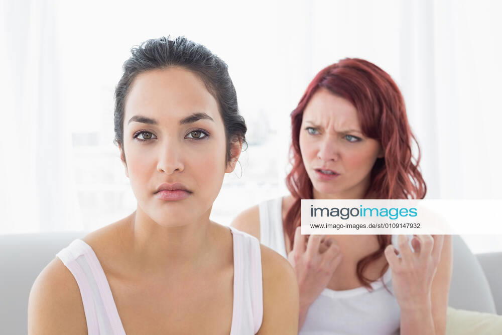 Angry friends having an argument in the living room Angry young female friends having an argument in the living room at home, model released, property released