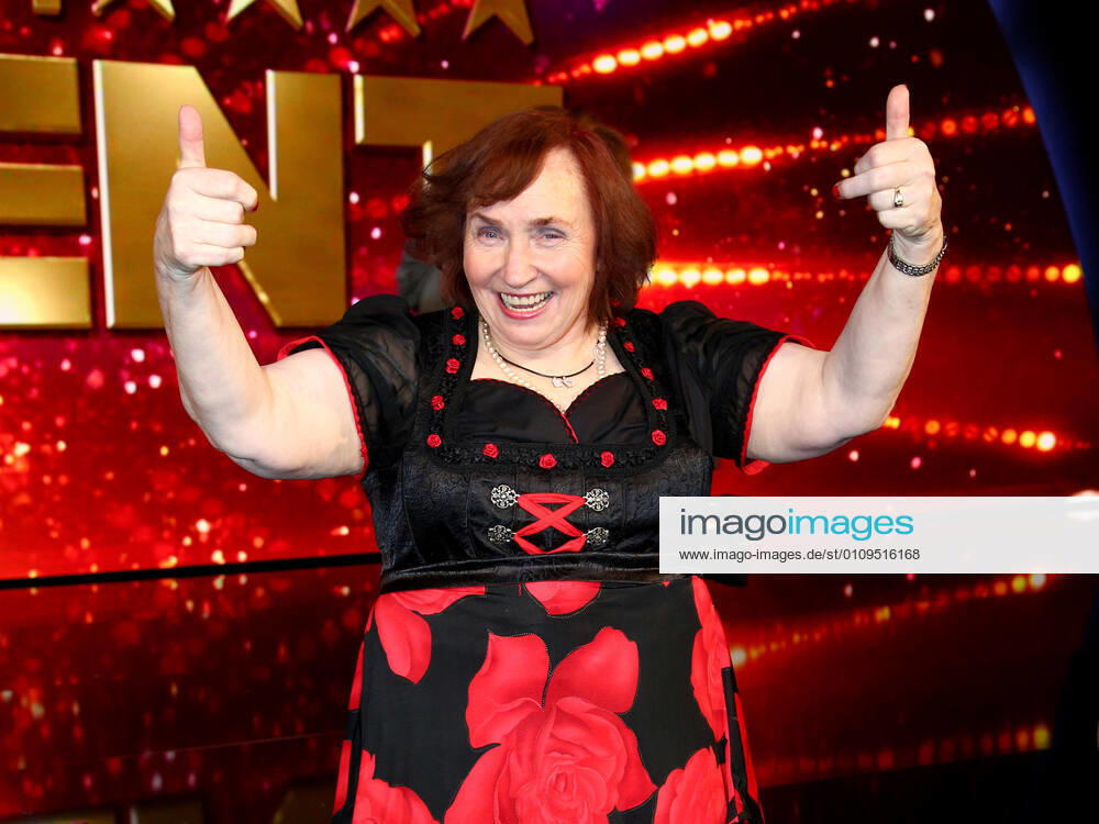 Cologne, Germany 07 December 2013 TV Show Das Supertalent 2013 2 semifinal finalist Heidi Schimiczek 61 , organist and choir director from Beverungen, talent singer singer emotion, joy, cheer, gesture gestures thumbs up Coloneum North Rhine Westphalia
