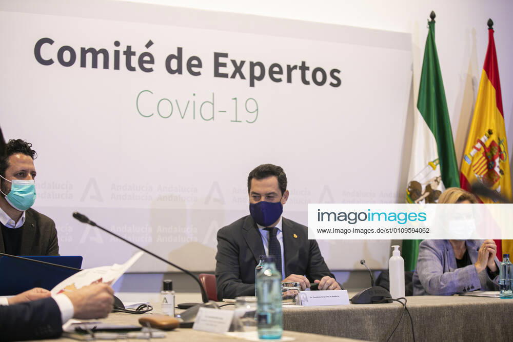 The President of the Junta de Andalucia, Juanma Moreno (c), chairs the meeting of the Advisory Council on High Impact Public Health Alerts (Committee of Experts). In Seville (Andalusia, Spain), January 8, 2021. 08 JANUARY 2021 Maria Josà Lopez LagenciaEP 01 08 2021 Seville (Andalusia) Seville (Andalusia) Spain