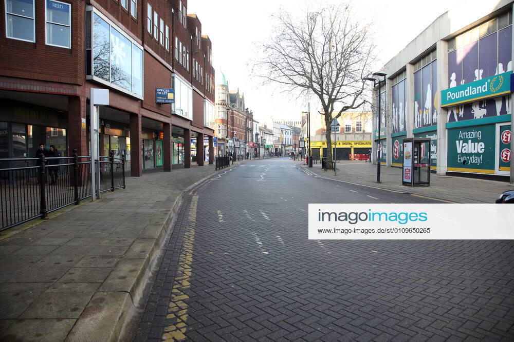 Midgate on the first weekend of Lockdown Three , in Peterborough, Cambridgeshire. Again, people are not allowed to leave home except for minimal food shopping, medical treatment, exercise - once a day, and essential work.
