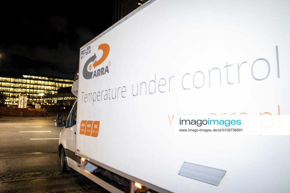 Polish refrigerated truck leaves the Statens Serum Institut after delivering Moderna covid 19 vaccines to SSI in Copenhagen, Tuesday 12 January 2021 There will be 5000 doses that will be used in the Region of Southern Denmark, Copenhagen Denmark