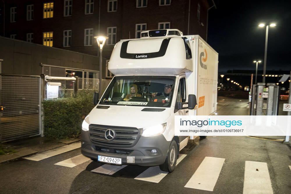 Polish refrigerated truck leaves the Statens Serum Institut after delivering Moderna covid 19 vaccines to SSI in Copenhagen, Tuesday 12 January 2021 There will be 5000 doses that will be used in the Region of Southern Denmark, Copenhagen Denmark